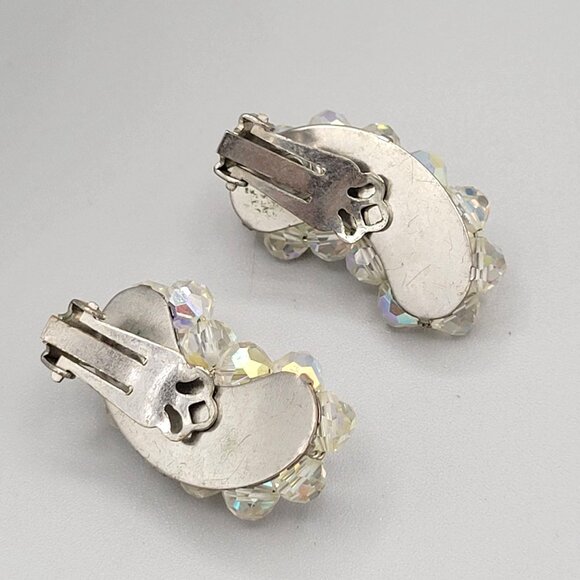 Vintage AB Aurora Borealis Crystal Curved Clip On Earrings 1940s - Picture 5 of 6